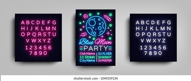 Night party poster design template in neon style. Blue moon night party neon sign, light banner, flyer nightlife advertisement, party invitation, disco. Vector illustration. Editing text neon sign