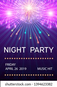 Night party poster with fireworks vector illustration. Fireworks festival bursting in various shapes and colors, sparkling lights against black background. Advertisement of event at night.