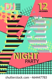 Night party poster or flyer template. Bright geometric elements. Abstract hands with  fingers. Memphis style