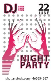 Night party poster or flyer template. Bright geometric elements. Abstract hands with fingers.