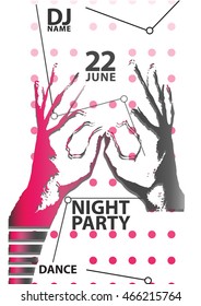 Night party poster or flyer template. Bright geometric elements. Abstract hands with fingers.