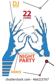 Night party poster or flyer template. Bright geometric elements. Abstract hands with fingers.