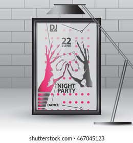 Night party poster or flyer template. Bright geometric elements. Abstract hands with fingers. Black realistic frame with lamp. White brick wall. Mock up.