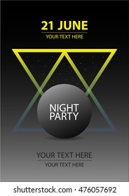 Night party poster or flyer template. Bright geometric elements. Vector. Cool modern illustration. Dance.DJ.