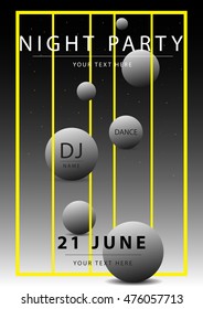 Night party poster or flyer template. Bright geometric elements. Vector. Cool modern illustration. Dance.DJ.