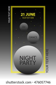 Night party poster or flyer template. Bright geometric elements. Vector. Cool modern illustration. Dance.DJ.