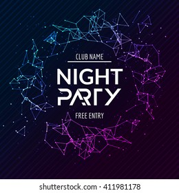 Night Party poster. Shiny banner club disco. Dj dance summer invitation.