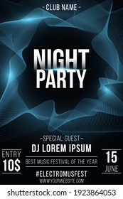 Night Party Poster. Stylish Futuristic Flyer With Wavy Shapes For Graphic Design. Abstract Frame. Glowing Vibrant Waves. Club And DJ Name. Vector Illustration. EPS 10.