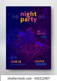 Night Party Poster Template. Electro Sound Flyer With Dj Consol. Vector