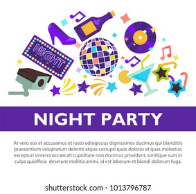 Night party promotional poster with attributes to have fun