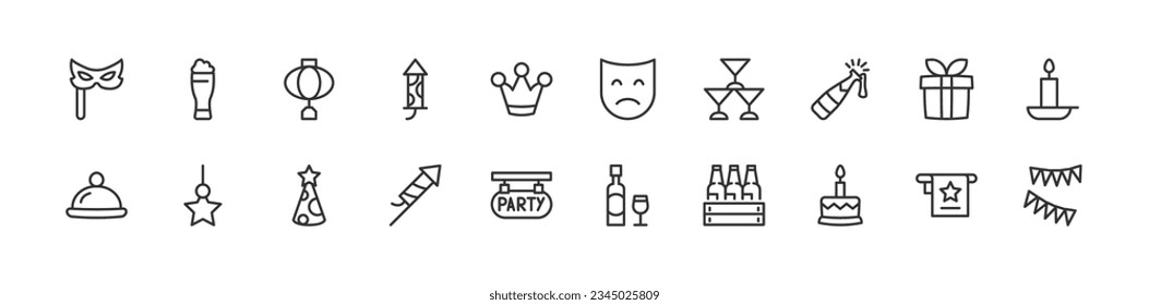 night party simple icon set. Outline editable stroke. Pixel perfect 24x24px. Isolated on a white background