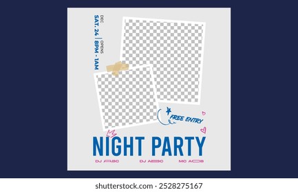 Night Party Socials Media. Light electro vector for music event concert disco, club invitation, festival poster, flyer