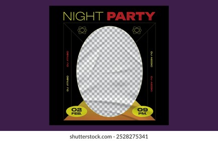 Night Party Socials Media. Light electro vector for music event concert disco, club invitation, festival poster, flyer