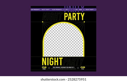 Night Party Socials Media. Light electro vector for music event concert disco, club invitation, festival poster, flyer