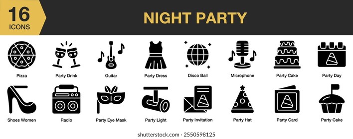Night Party solid icon set. Includes pizza, guitar, drink, disco, light, radio, shoes, and More. Solid icons vector collection.