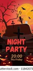Night Party This Friday lettering. Graveyard, pumpkins and bats in red moonlight. Holiday event invitation. Halloween concept. Vector illustration can be used for posters, flyers, banners