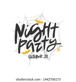 Night party vector brush lettering. Handwritten Halloween typography print for flyer, poster, card, banner. Hand drawn decorative design element.