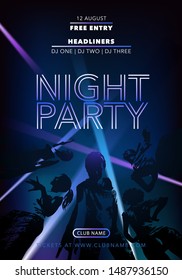 Night party vector flyer, poster with dancing people. Disco announcement. Musical performance during festival 