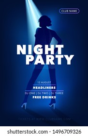 Night party vector flyer, poster with dancing girl. Disco club announcement. Musical performance or concert during festival 