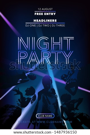Night party vector flyer, poster with dancing people. Disco announcement. Musical performance during festival 