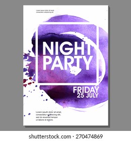 Night Party Vector Flyer Template - EPS10 Design. Watercolor spots.