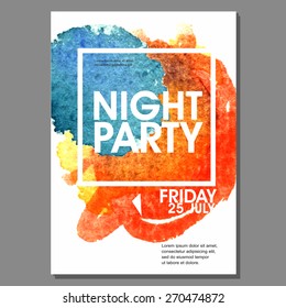 Night Party Vector Flyer Template - EPS10 Design. Watercolor spots.