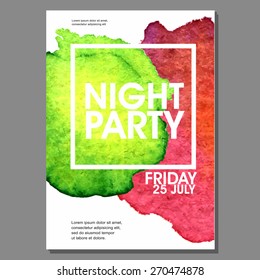 Night Party Vector Flyer Template - EPS10 Design. Watercolor spots.