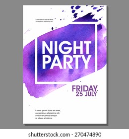 Night Party Vector Flyer Template - EPS10 Design. Watercolor spots.