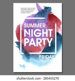 Night Party Vector Flyer Template - EPS10 Design. Watercolor spots.