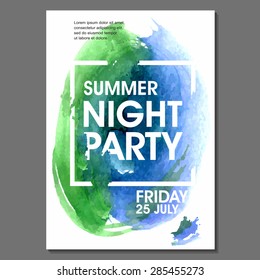 Night Party Vector Flyer Template - EPS10 Design. Watercolor spots.