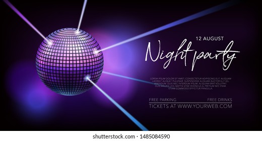 Night party vector illustration, poster. Disco, night club concert announcement or internet banner. Purple background with disco ball and ray of lights for musical performance 