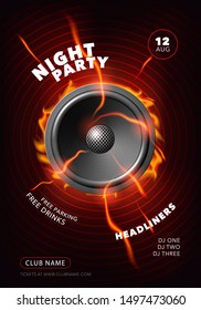 Night party vector poster, illustration with sound speaker. Template background with event information, DJ names, venue for event 