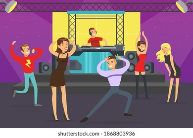 Night Party, Young People Dancing in Club, Male DJ Playing Track and Mixing Music Cartoon Vector Illustration