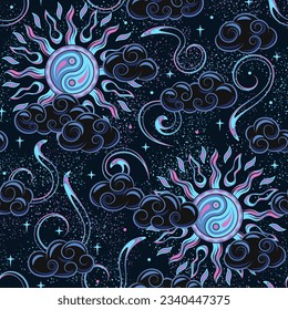 Night pattern with dark blue sun, ying yang symbol, clouds, stars. Mystical surreal illustration. Vintage style.