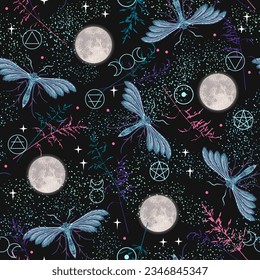 Night pattern with full moon, stars, butterfly, moth, blades of grass, star dust, wiccan symbols. Mystery, fairy concept of natural power, advanced knowledge