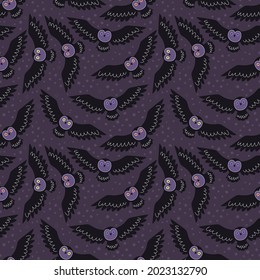 Night pattern with owls. Seamless print with nocturnal animals. Decorative purple print. Wrapping paper or digital paper. Magic evenibg flight. flock of birds. vector illustration. Textile design