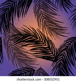 Night pattern with palm leaves.  Endless texture. Gradient background, Seamless for fabric design, gift wrapping paper and printing and web projects.