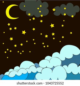 Night pattern with stars, waves, moon on black background, can be used for wallpaper, pattern fills, web page background,surface textures.