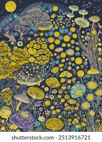 Night pattern with various plants and mushrooms.Vector illustration