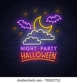 Night Paty neon sign. Happy Halloween. Neon sign, bright signboard, light banner. 