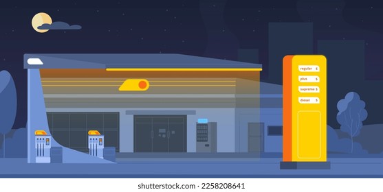 Night petrol station. Road car shop refill tank petrol essence, prices compare on display gas or diesel fuel neon facade rerto auto gasoline refueling, splendid vector illustration