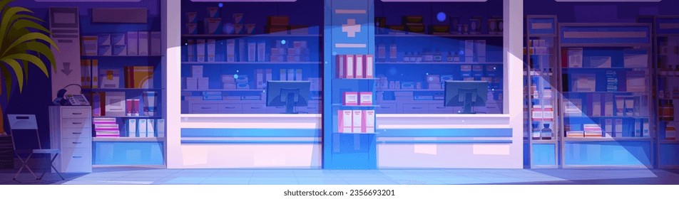 Night pharmacy store with counter and spotlight vector illustration. Medical shop interior with shelves. Chair near cardiograph in pharmaceutical office. Dark hospital drugstore with treatment drug