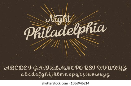 Night Philadelphia. Vintage brush script. Handmade font. Retro Typeface. Vector font illustration.