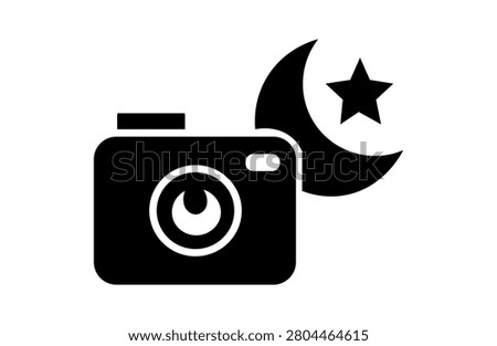 Night photography camera crescent moon star icon with photography, isolated