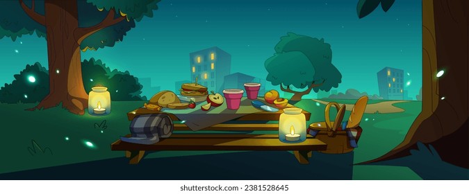 Night picnic in city park. Contemporary vector illustration of outdoor dinner on table in public garden with candles, meal basket, fresh fruit, cheese and bread, fireflies in air, cityscape view