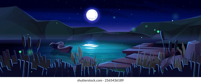 Night pier lake scene with moonlit reflection on water, wooden dock, floating boats, starry sky. Dark twilight landscape with glowing fireflies, reeds and mountain silhouettes. Old wood jetty on river