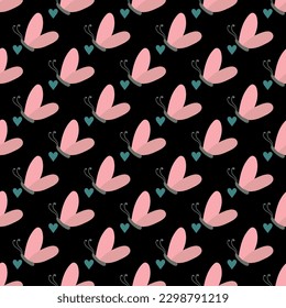 Night pink butterflies. Seamless pattern with cartoon elements.