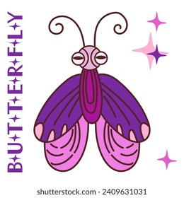 Night pink butterfly Cartoon Vector Illustration and lettering