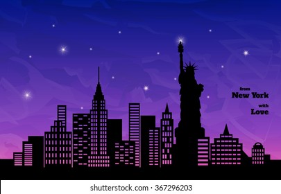 night with pink glow in New York, vector illustration