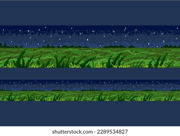 Night pixel landscape. Seamless scene with night nature. Vector